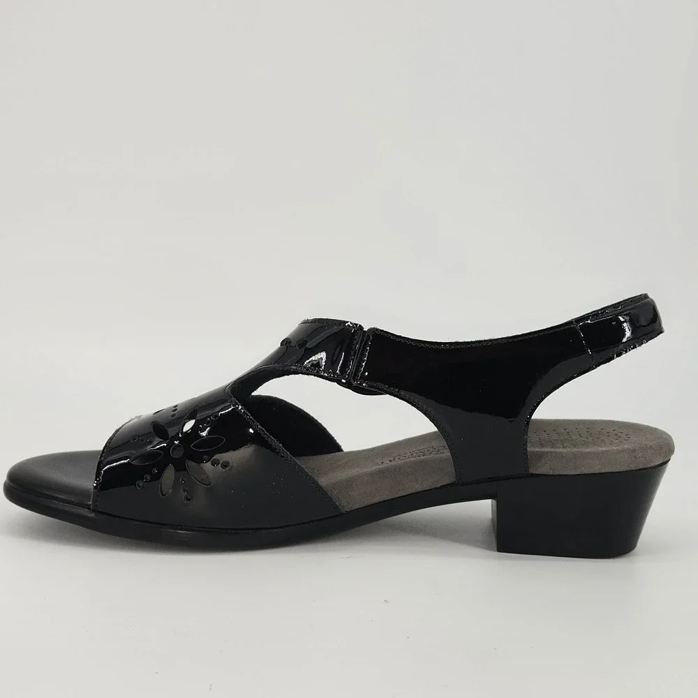 SAS Sunburst Tripad‎ Comfort Black Patent Leather Cutout Sandal Low Heel 10 W